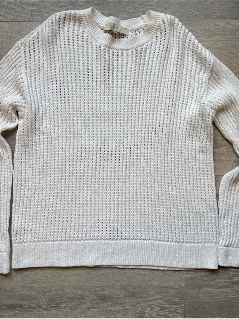 LOFT White 100% Cotton Open-Weave Waffle Knit Crewneck Sweater